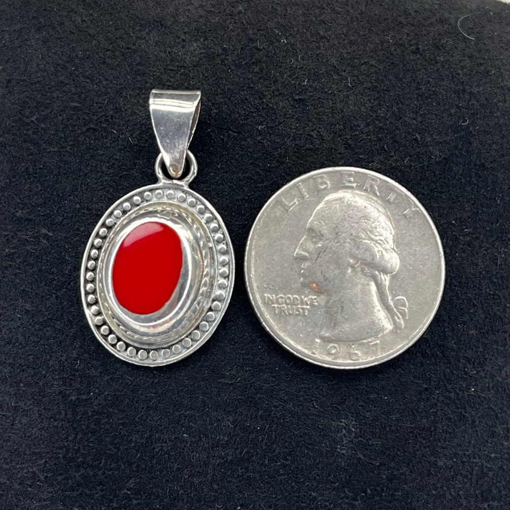 Vintage Mexico Sterling Silver‎ 925 Pendant Red Coral Stone - Picture 4 of 7